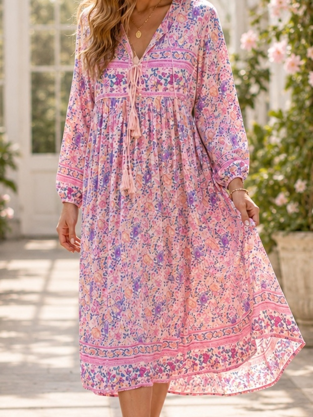 R. Vivimos Floral Boho Midi Dress Pink Long Sleeve Tassel Tie NWT XS